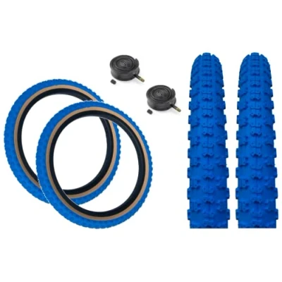 Image of PAIR Baldy&#039;s 16 x 1.75 BLUE With TAN WALL Kids BMX/Mountain Bike Tyres And Schrader Tubes