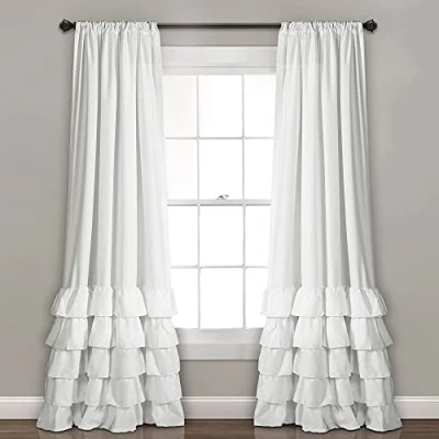 Image of Lush Decor Allison Ruffle Curtains Window Panel Drapes Set for Living, Dining Room, Bedroom (Pair), 84&quot; x 40&quot;, White, Polyester, 40&quot; W L (Pack of 1)