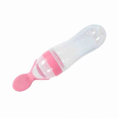 Image of Feeding Bottle, Silicone Squeeze Baby Food Dispensing Spoon Supplement Bottle Feeder 90mL(Pink)