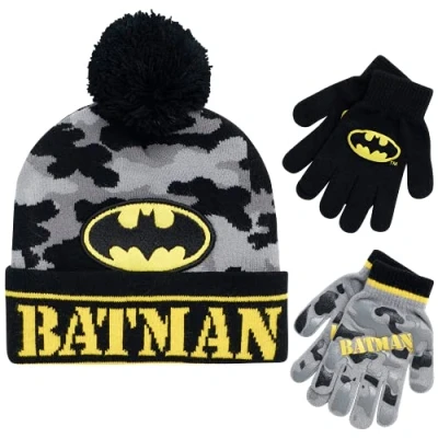 Image of DC Comics Boys Batman Winter Hat 2 Pair Gloves or Mittens Set (Toddler/Little Boys), Camo Glove, Age 4 7