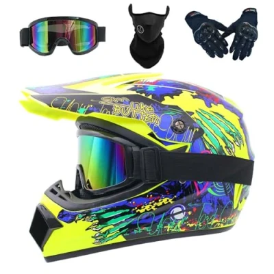 Image of Motocross Motorcycle Cross Helmet with Gloves Mask Goggles, Youth Kids Dirt Bike Helmets, Off Road Crash Protective Gear(BB,L(56 57cm))