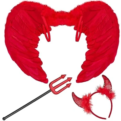 Image of Balinco Halloween Devil Costume Set, Ears + Trident Wings, Outfit, Horns Red, Fork, Trident, Wings Carnival, Fancy Dress