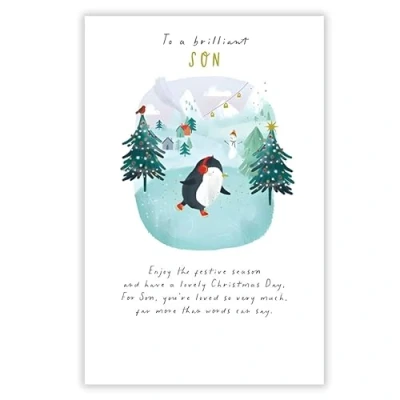 Image of Son Christmas Card Brilliant Ice Skating Penguin Artistic Festive Design Special Finish Made in the UK Eco Friendly