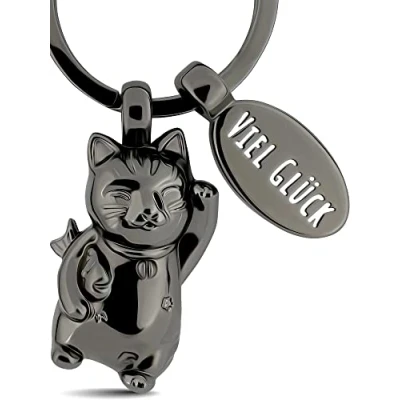 Image of LANOLU Keyring Cat, Lucky Cat Maneki Neko, Key Ring Charm, Courage, Leaving Gift, Lover, 3D Waving Figure Made of Metal, black, S,