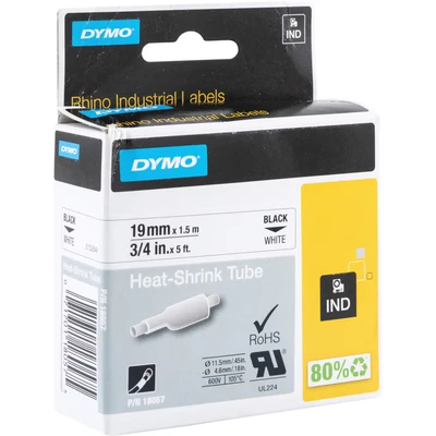 Image of DYMO Rhino Industrial Heat Shrink Cable Label Tubes 19 mm x 1.5 m Black Print on White Self Adhesive for Makers
