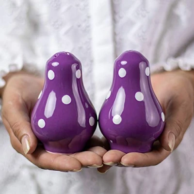Image of City to Cottage Ceramic Salt and Pepper Shakers Set, Shaker, Farmhouse Kitchen Counter Decor for Home Restaurants Wedding, Handcrafted Purple Polka Dot Spice