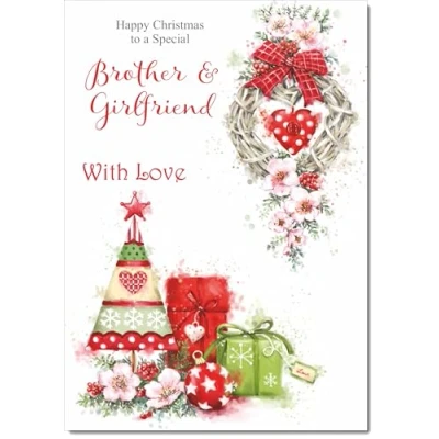 Image of doodlecards Brother and Girlfriend Christmas Card Heart Decorations Medium Size for &amp; with Plain Envelope