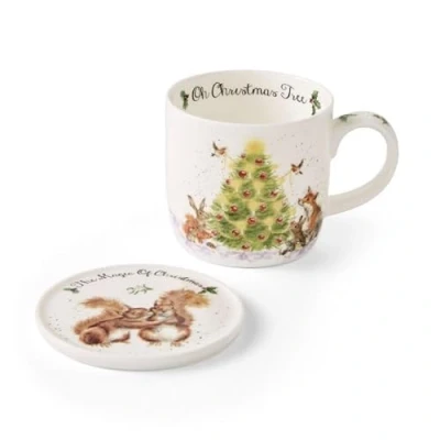 Image of Wrendale Designs ‘Oh Christmas Tree&#039; Woodland Animals Mug and Coaster Set