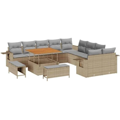 Image of vidaXL 13 Piece Garden Sofa Set with Cushions Beige Poly Rattan Acacia