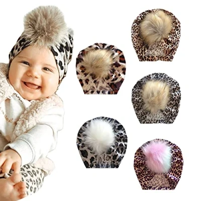 Image of Nishine Baby Leopard Fur Hairball Turban Beanies Hat Newborn Fluffy Pompom Kids Pom Skull Cap Pack of 5