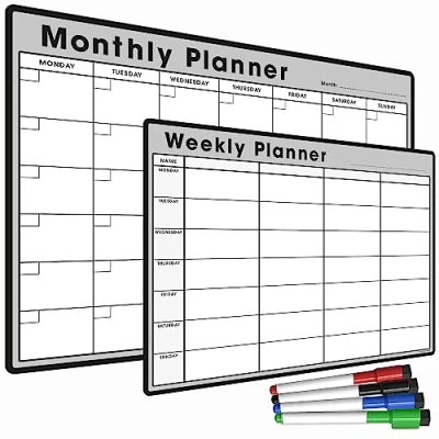 Image of TMS Magnetic Fridge Planner Set A4 Weekly &amp; A3 Monthly Calendars for Memos to Do Lists Meal Bundle with 4 Dry Erase Pens