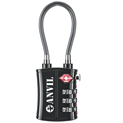 Image of ANVIL TSA Approved Cable Luggage Locks 3 Digit Combination Padlock with Zinc Alloy Steel Lock Ideal for Travel Suitcase, Backpack, Lockers,Case,Toolbox (Black 1 Pack)