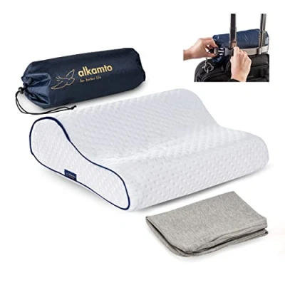 Image of alkamto Travel Pillow Ergonomic Neck Support Memory Foam with Temperature Regulating Pillowcase Includes Extra Cotton Cover and Carry Bag (13.7 x 11.8 3.9/3,14 In White + Cover)