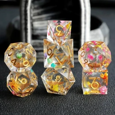 Image of D&amp;D Dice Set Quicksand Resin Sharp Edge 7pcs Handmade DND for Polyhedral Dungeons and Dragons MTG RPG Ttrpg Pathfinder Roleplaying D D20 D12 D10 D8 D6 D4 with Box