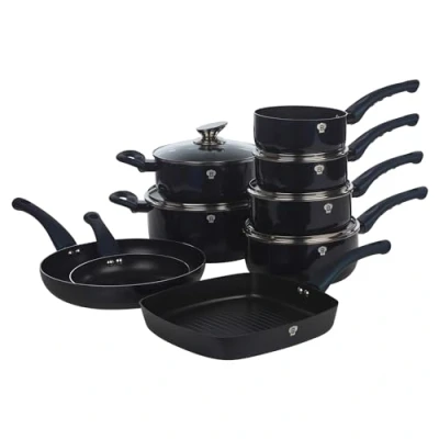 Image of Blaumann 14 Pcs Cookware Pots Grill Pans Set with Soft Touch Handles Glass Lids (Aquamarine)