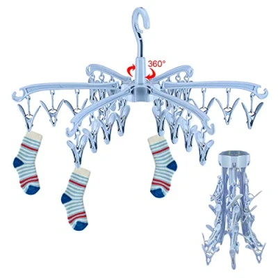 Image of GmeDhc 24 Pegs Folding Sock Dryer, Hanger for Washing Line, Hanging Clothes Drying Racks, Rotable Hangers with Clips, Underwear Socks Lingerie (blue)