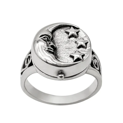 Image of 81stgeneration Men&#039;s Women&#039;s 925 Sterling Silver Wiccan Moon Star Locket Signet Ring
