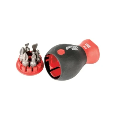 Image of Wiha 38043 Stubby Screwdriver with Six in One Insert Bits, Slot and Phillips