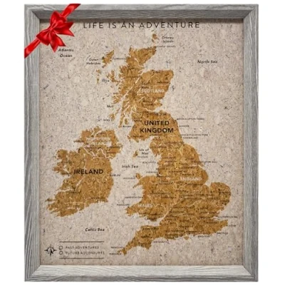 Image of Splosh Travel Map, Desk UK Map Pin Board in Grey, Wooden Frame. with 100 Pins 2 Colours to Personalise and Mark Your Past Future Adventures, Push Map.