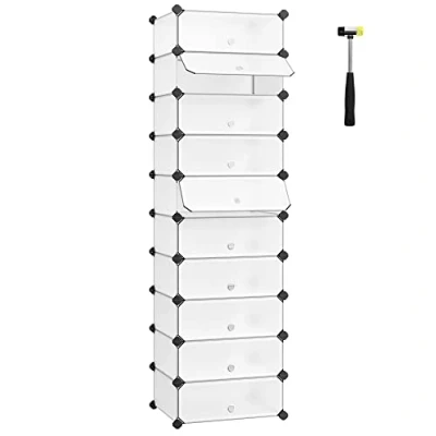 Image of SONGMICS Interlocking Shoe Rack, Rectangular Storage Organiser, 10 Slot Modular DIY Shelf Unit, 40 x 30 17 cm for Each Slot, Plastic Wardrobe with Doors, Rustic Brown LPC010A01