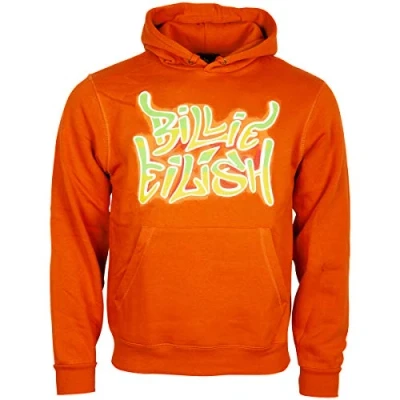 Image of Billie Eilish Unisex Pullover Hoodie. Airbrush Flames BLOHSH (Back Print) Orange (X Large)