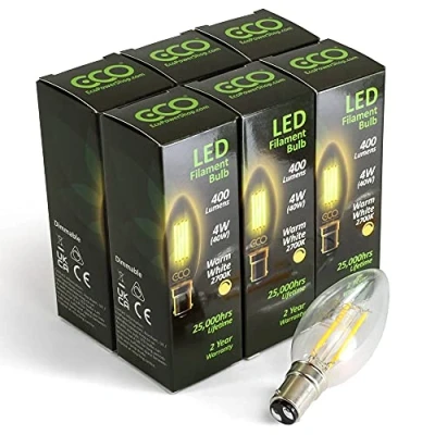 Image of ECO 40W Dimmable Energy Saving Candle Light Bulb, Low Power 4W Vintage Style LED Filaments, 400 Lumen, Clear Glass, Warm White (2700K), B15 Small Bayonet Fitting, 25000Hrs Lifetime. (6xPACK)