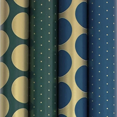 Image of Clairefontaine 202053AMZC A Box of 10 Rolls Gift Wrapping Paper Excellia 80g Dimensions: 5x0.70m Pattern: Dots, Blue, Green, Gold Wrapped
