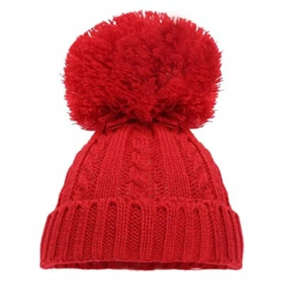 Image of Mini Mart Online Limited Baby Knitted Cable Single Pom Bobble Boy Girl Cap Hat Bonnet 12 24 Months Red, One Size