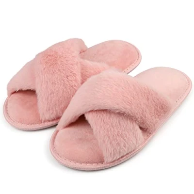Image of riemot Slippers Women Fluffy Slipper Memory Foam Cross Band Furry Open Toe Ladies Soft Fur Warm Plush Home Anti Slide House Shoes for Girls Indoor Outdoor,Pink,UK 3 4