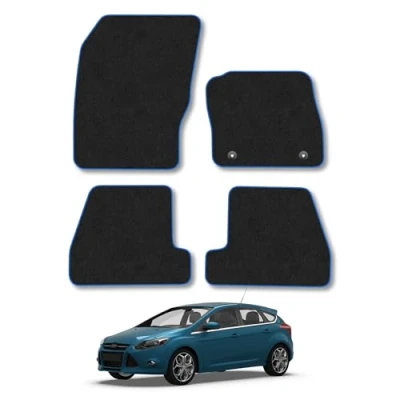 Image of Car s Compatible with withd Focus (2011 2014) [MK3] Tailored Fit Blue Trimmed Carpet Floor Set Accessory Black Custom Fitted 4 Pieces Clips Anti Slip Backing &amp; Trim Edging