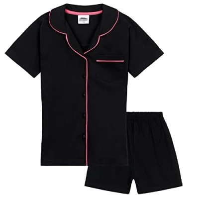 Image of CityComfort Girls Short Pyjama Set, Button Down Cotton Lounge Wear Gifts (Black, 11 12 Years)