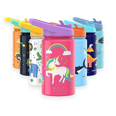 Image of BOZ Kids Water Bottle for School with Straw Lid, Stainless Steel Insulated Kids, Toddler Bottle, Leak Proof and Toddlers 414 ml (Unicorn)