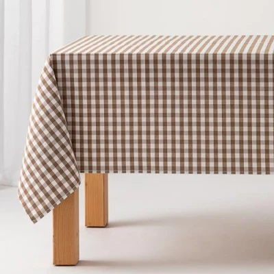 Image of Stain Resistant Gingham Tablecloth, Cotton, Fabric Touch, 140 x 180 cm, Taupe