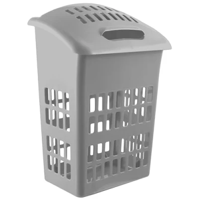 Image of Large Grey Plastic Laundry Basket with Lid Washing Clothes Storage Hamper Bin