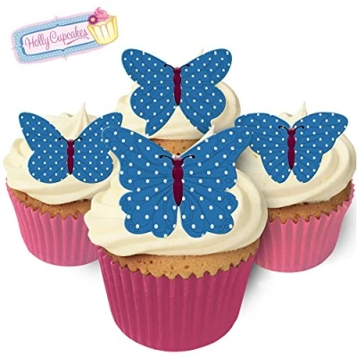 Image of 24 Edible Pre cut Wafer Butterfly Cake Toppers: Bright Blue Polka Dot