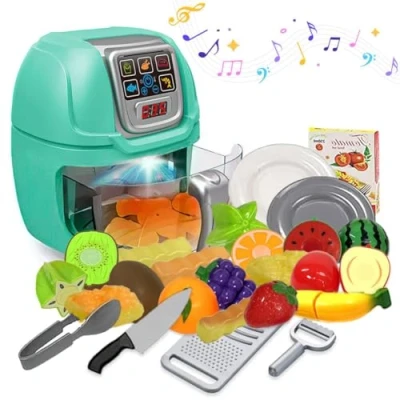 Image of Xwin Sportseries Kids Pretend Play Kitchen Set With Realistic Air Fryer, Cooking Toys and Velcro Multi Fruit Cutting for Toddlers Ideal Birthday, Newyear Boys &amp; Girls Ages 3+