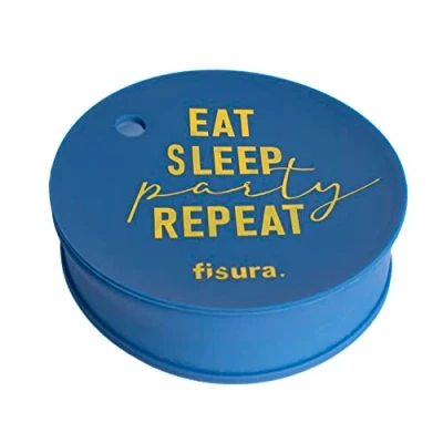 Image of Fisura Anti spike drinks covers. Original cover for parties reusable. drug protection glass made of BPA free silicone. (pack 5, Eat, sleep, party, repeat, Blue)