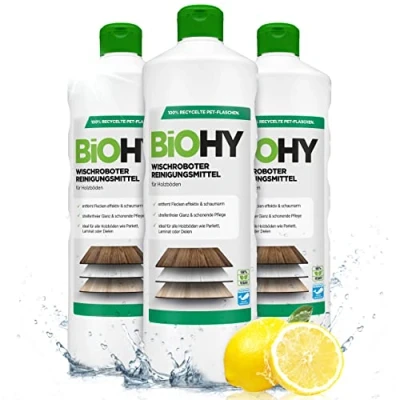 Image of BiOHY Wiping Robot Cleaning Agent (3 x 1l Bottle) Floor Cleaner for Wooden Floors Such as parquet &amp; Laminate Streak Free Shine on Oiled Wood Concentrate with Fresh Fragrance (Wischroboter Holz)