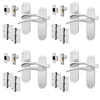 Image of EAI Chrome Door Handle Latch Set 4 Pair Polished Internal Handles on Backplate with 64mm &amp; Hinges 76mm Novoli Range