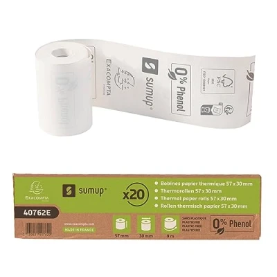 Image of Exacompta SumUp Ref. 40762E Box of 20 Thermal Rolls for Credit Card 57x30mm, 1 ply 55g/m² Phenol Free, Without Cardboard core, Zero Plastic Waste Length +/ 2m: 9m, White
