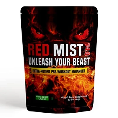 Image of Boditronics RED Mist V4 375g Pre Workout Supplement with Citrulline Malate, Beta Alanine, Taurine, L Arginine AKG, Creatine HCl, Tyrosine, Caffeine and Pine Bark Extract Powder