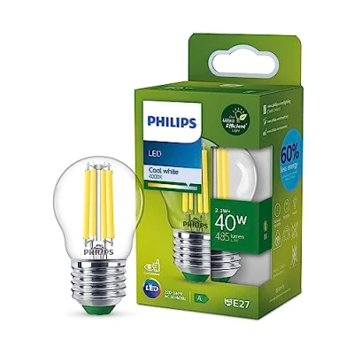 Image of PHILIPS Ultra Efficient Energy Saving Lights, LED Light Source, 40W, P45, E27, Cool White 4000 Kelvin, Clear