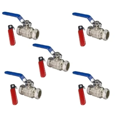 Image of TC Pack of 5 x 22mm Lever Ball Valve Full Bore Compression Isolation Red/Blue Dual Handle Shut Off Isolating Flow WRAS Approved