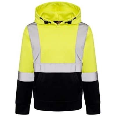 Image of Kids Unisex Reflective Safety Workwear Camping Cycling Sweatshirt Hi Vis Hoodie Yellow/Navy