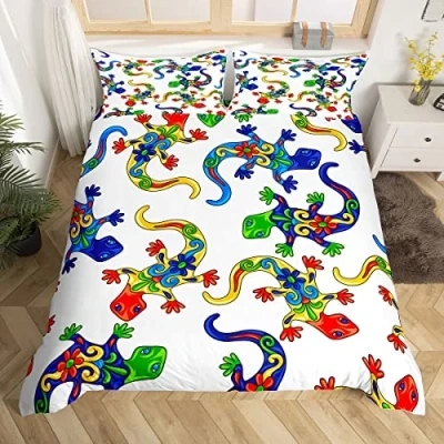 Image of Homewish Exotic Lizard Bedding Set Colorful Chameleon Comforter Cover For Kids Child,Wildlife Reptile Creature Duvet Rainbow Flowers Single Bed Wild Animal Pet Kawaii Room Decor