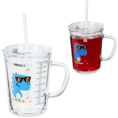 Image of Relaxdays 2X Children&#039;s Cups, Cool Dino Motif, Kids&#039; Drinking Glass, with Handle, Lid &amp; Straw, 400ml Scale, Transparent, 12 x 12.5 9.5 cm