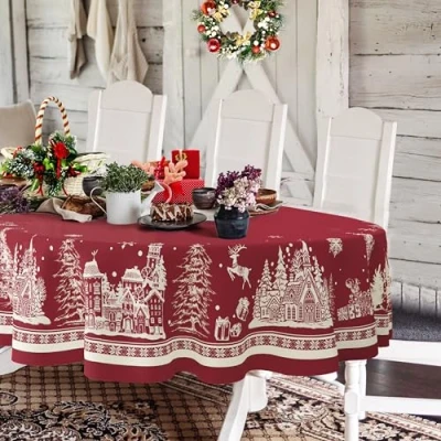 Image of Oval Christmas Tablecloth 60 x 84 In,Christmas Tree Elk Santa Snowflake Red Tablecloth,Polyester Waterproof Wrinkle Resistant Durable Table cloth for Holiday,Kitchen,Winter and Home Decor