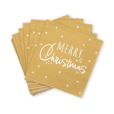 Image of PUKKA party Gold Merry Christmas Napkins 16 Printed 2 Ply Measuring 32 x 32cm Flat and 16cm Folded for Festive Home Office Celebrations Kids &amp; Adults Recyclable Card Packaging