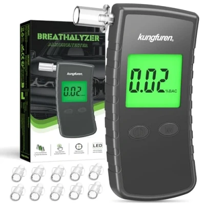 Image of kungfuren Alcohol Breathalyzer Tester Digital Breathalyser Breath Testers with 11Pcs Mouthpieces for Home Personal Testing High Accuracy Breathalysers LCD Screen Gray