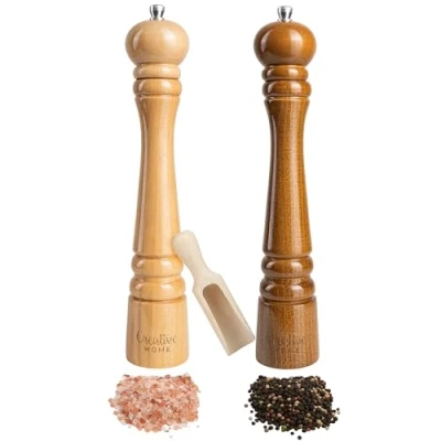 Image of Creative Home Large Wooden Salt &amp; Pepper Grinder Set 31.5 cm Height Mill with Mini Scoop Natural Beech Wood Pefect for Coffee Beans and Spice Manual Mechanism Shaker